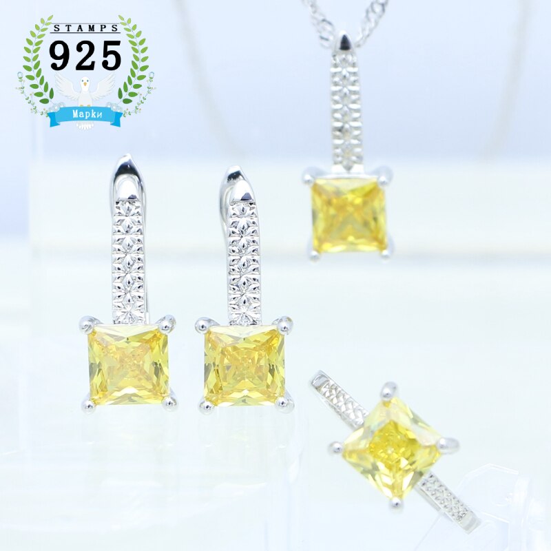 Mujer pendientes anillo colgante collar 925 joyería de plata cuadrado granate piedra roja conjunto de joyas accesorios de boda: YELLOW