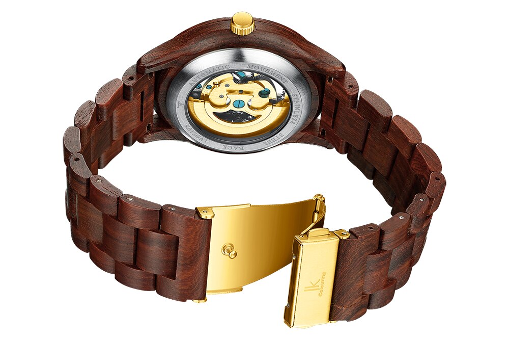 Mænd træ ure guld skelet ure mænd træ rem automatiske mekaniske armbåndsure ik farve relogio masculino