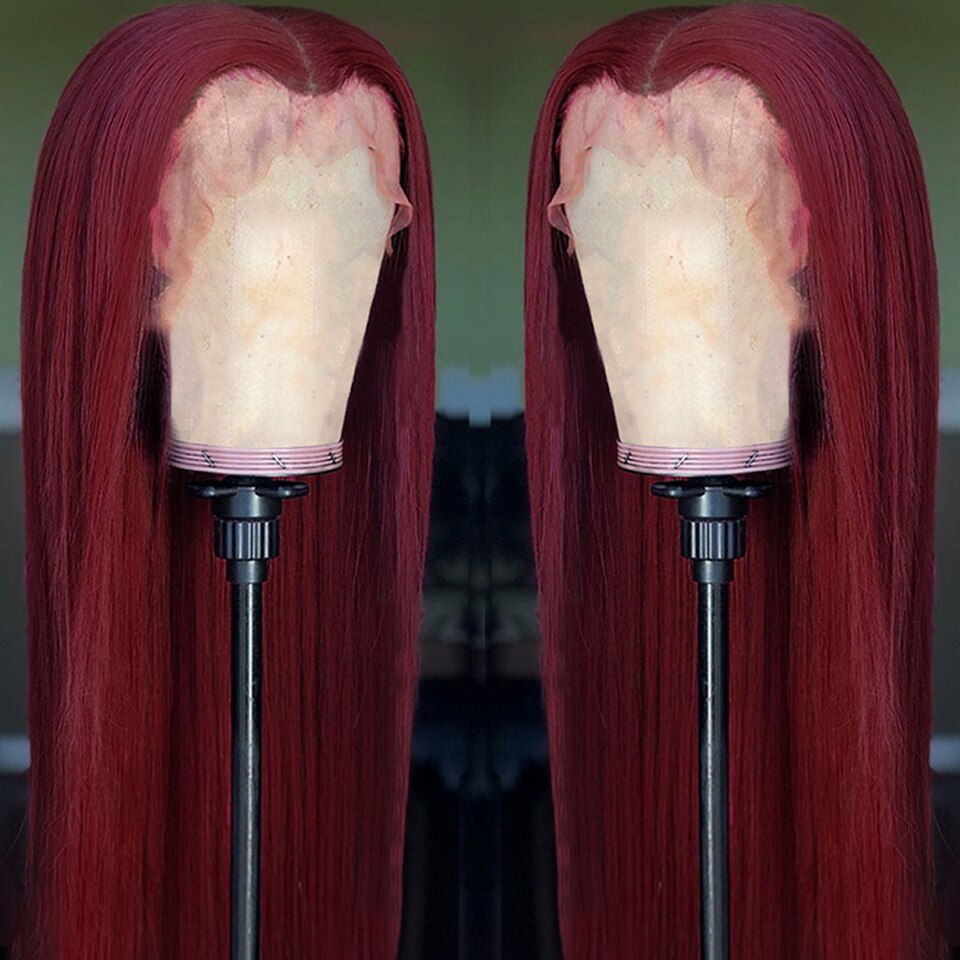 Peluca de color vino tinto, peluca recta de pelo sintético largo 13*4, peluca con malla frontal para mujer, sin pegamento 99J Borgoña, pelo de fibra resistente al calor, uso diario