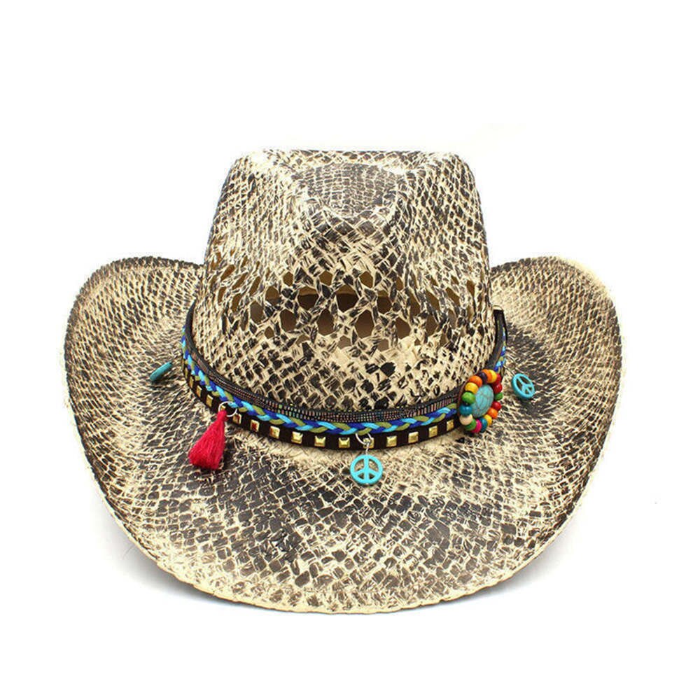 Sombrero de paja para Hombre y mujer, Sombrero de cowboy hecho a mano del Oeste, Sombrero de playa tejido para Hombre, Sombrero de Jazz para vaquera, cinta de hojas Punk, tamaño 56-58CM: C6 CAL