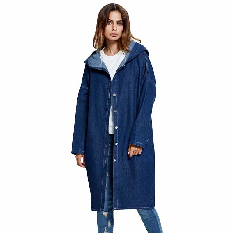 Gabardina vaquera de talla grande para mujer, abrigo largo de manga larga con capucha, rompevientos, básico, informal, primavera y otoño