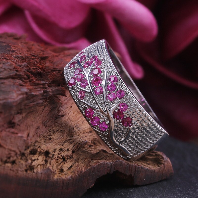Huitan Romantic Rose Red Color Cherry Flower Tree Pattern Women Finger Rings Women Cute jewelry Rings For Female