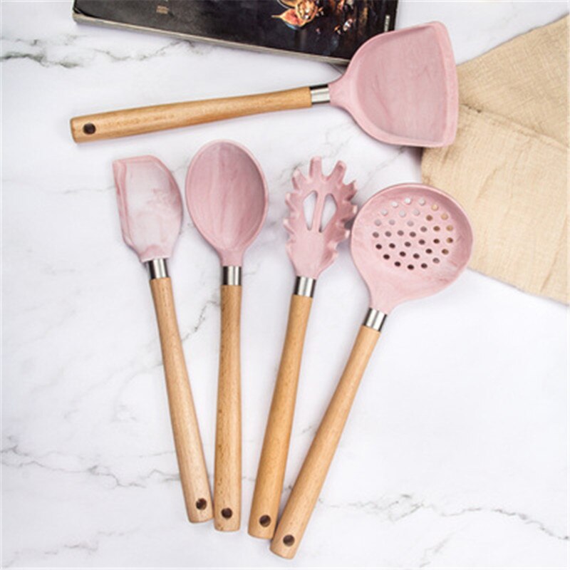 Pink Silicone Kitchen Utensils Set Heat Resistant Nonstick Baking Cooking Tools wooden handle Kitchenware Accessories