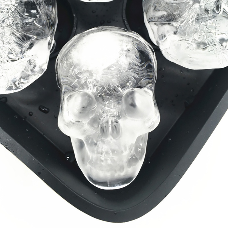 1pcs 3D Skull Flexible Silicone Ice Cube Mold Tray Makes Four Giant Skulls Round Ice Cube Maker Black
