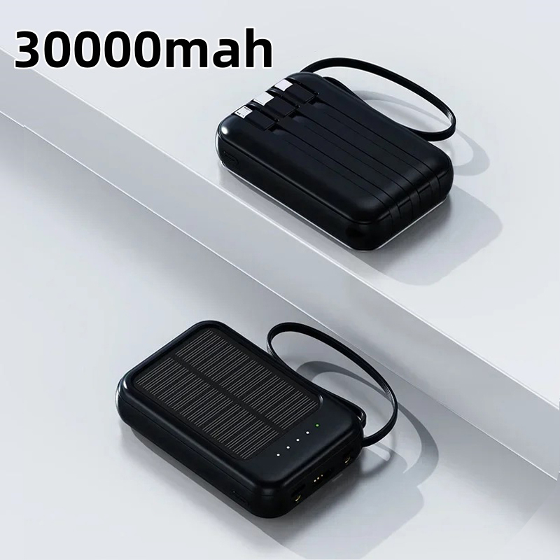 50000 mah solcelle-powerbank med 4 opladningskabler, led-lys, bærbar ekstern batterinødforsyning til alle mobiltelefoner: Sort