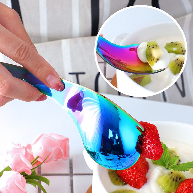 Cuchara de acero inoxidable para ensalada, 2 en 1 cuchara curva multifunción creativa, tenedor para fruta, Yogurt, vajilla, 8 colores, 2 uds.