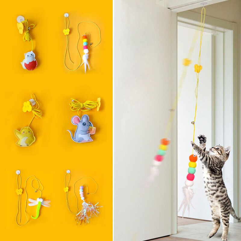 Cat Toys Kitten Toys Jump Exercise Interactive Toy-Replaceable Door Elastic Rope Automatic Toy Funny Cat Teaser Stick Mouse Toys