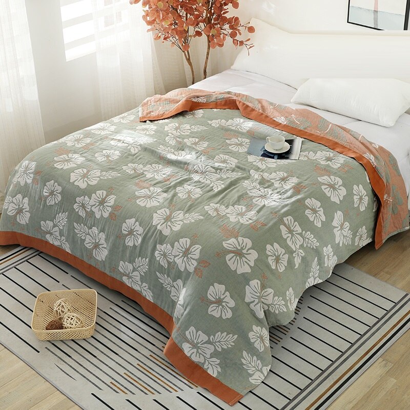 Nap blanket Home bedding 100% Cotton Muslin Summer toweling coverlet Travel Breathable Chic Large Throw Blanket: green / 150X200cm