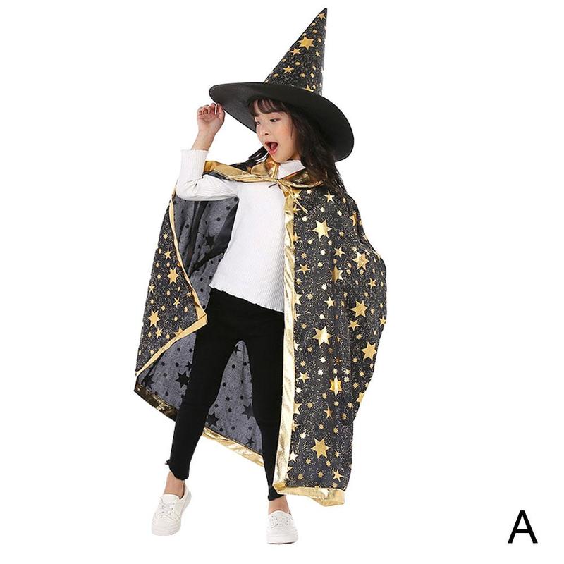 Halloween Mantel Kinderen Prestaties Kostuum Kleine Tovenaar Vijf-sterren Heks Mantel Cosplay Pak Hoed O1U7: A