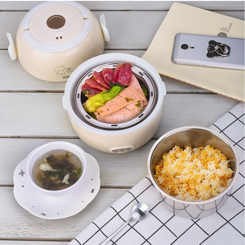 Electric Lunch Box Mini Rice Cooker Cooking Steaming Lunch Heater Box for Office Home Food Steamer Container with Steel Bowl