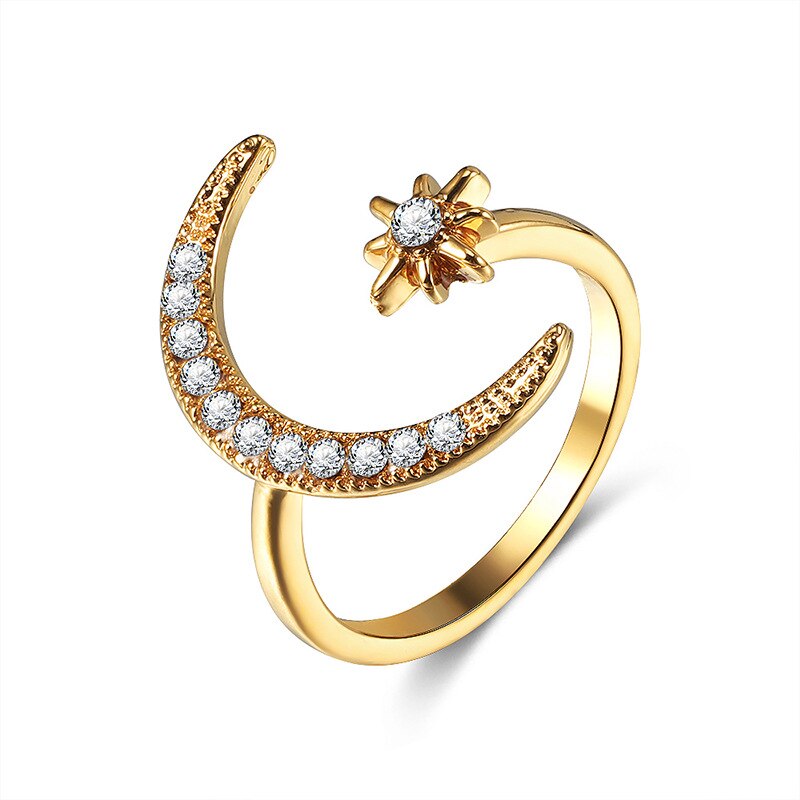 Fingerring sølv farve guld stjerne måne ringe til kvinder bryllupsfest smykker skinne krystal metal blomst åbning anillo