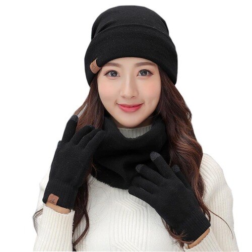 3 Pce/Set gorro bufanda guantes par invierno a prueba de viento grueso bufandas Kit de de Punto más terciopelo sombrero bufanda conjunto para hombres y mujeres: WOMEN BLACK