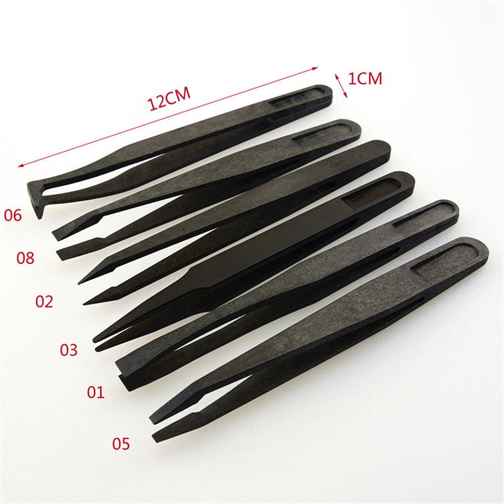 Juego de Herramientas antiestáticas de fibra de carbono negro, pinzas de plástico, punta plana, codo, boca ancha redonda
