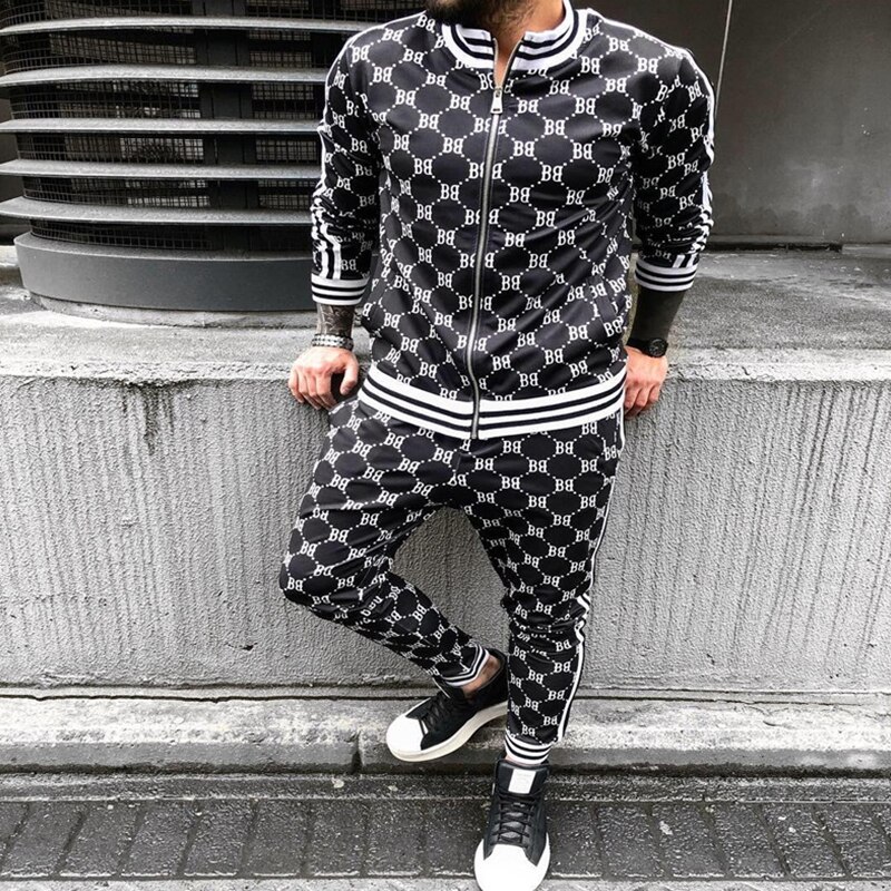 Gentleman Plaid Mannen Pak Jas + Broek Sport Trainingspak 3D Afdrukken Rits Tweedelige Set spot Europa 3XL: Black / Xl
