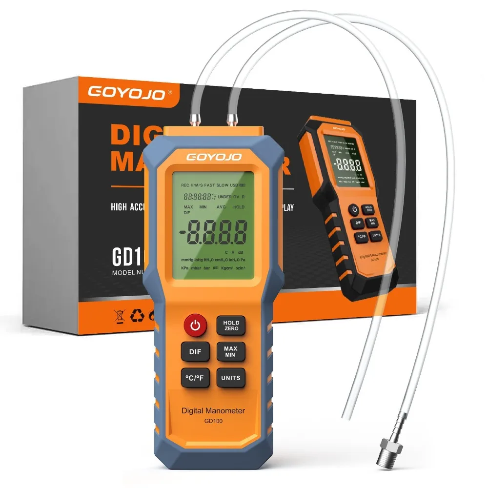 Digital Manometer with Backlit Gas Pressure Tester Dual Port Air Pressure Gauge, for Natural Gas Pipelines Ventilation Detection