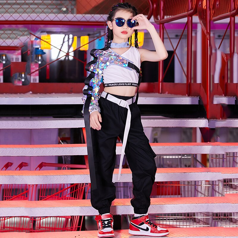 Children Hip Hop Street Dance Costumes Girls' Jazz Performance Clothing Modern Dancer Outfit Sequins Shawl Top DNV13759
