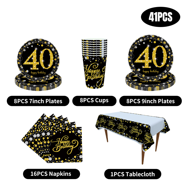 30th 40th 50th bursdagsfestpynt for menn og kvinner svart og gull festutstyr sett servise tallerkener kopper servietter duk