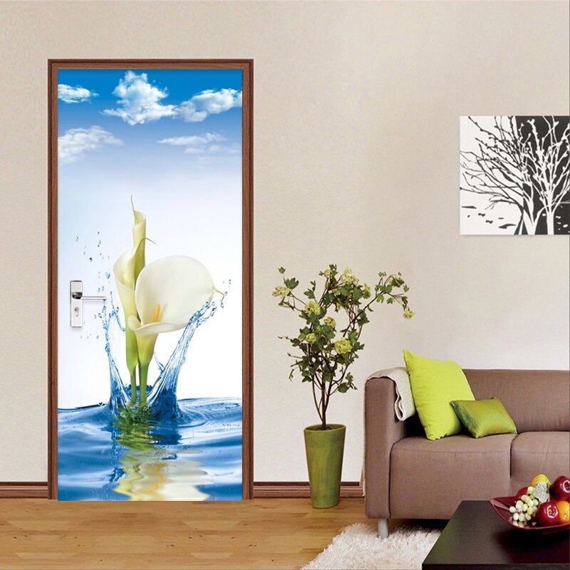 Modern Simple 3D Lily Flowers Wall Door Sticker PVC Self-Adhesive Waterproof Wallpaper Home Decor Living Room Door Decals Murals
