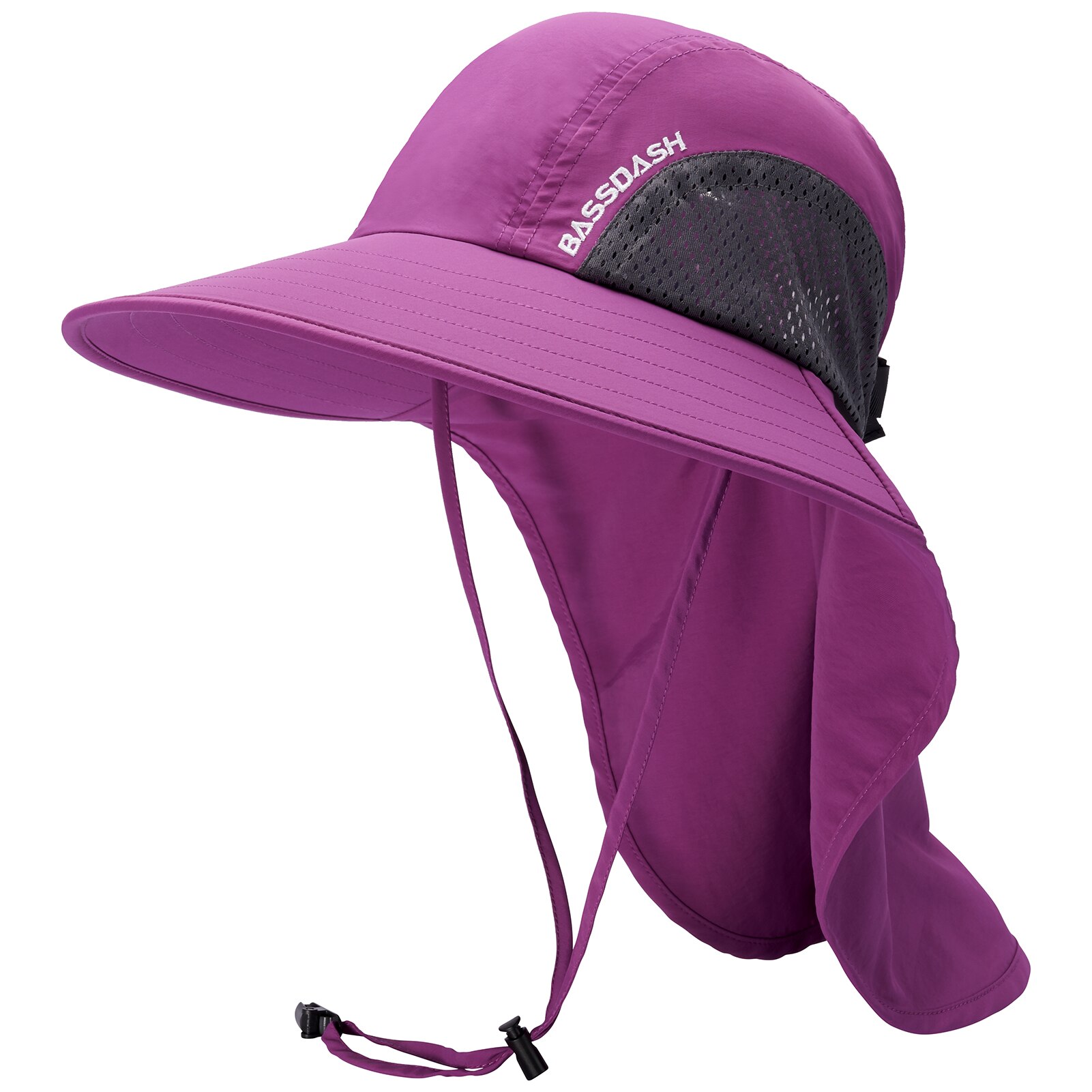 Bassdash UPF 50 + Unisex, sombrero de Sol de ala ancha resistente al agua con solapa de cuello grande, gorro de pesca con cola de caballo para hombres y mujeres: Purple Orchid