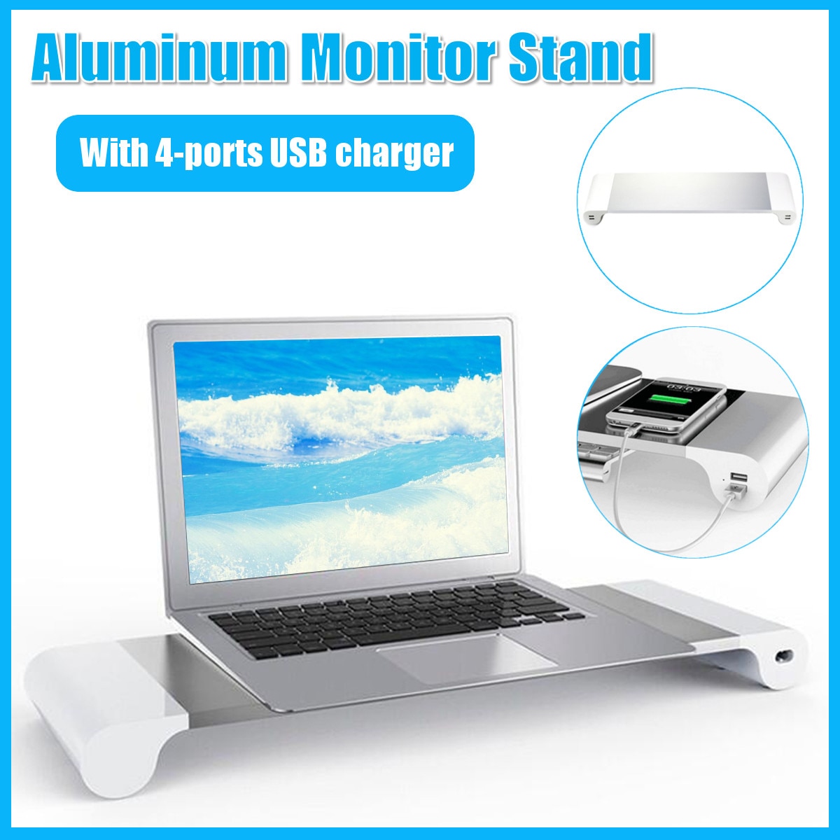 Liga de alumínio suporte do monitor barra espaço doca mesa riser com 4 portas usb para imac macbook computador portátil abaixo 20 Polegada