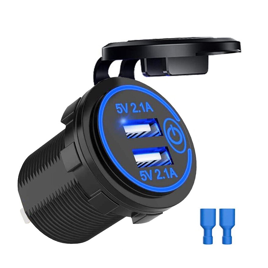 Dobbelt usb-opladerstik 12v/24v usb-udtag vandtæt 4.2a dobbeltopladerstik med touch-kontakt til bilbåd marine motorcykel: Blå