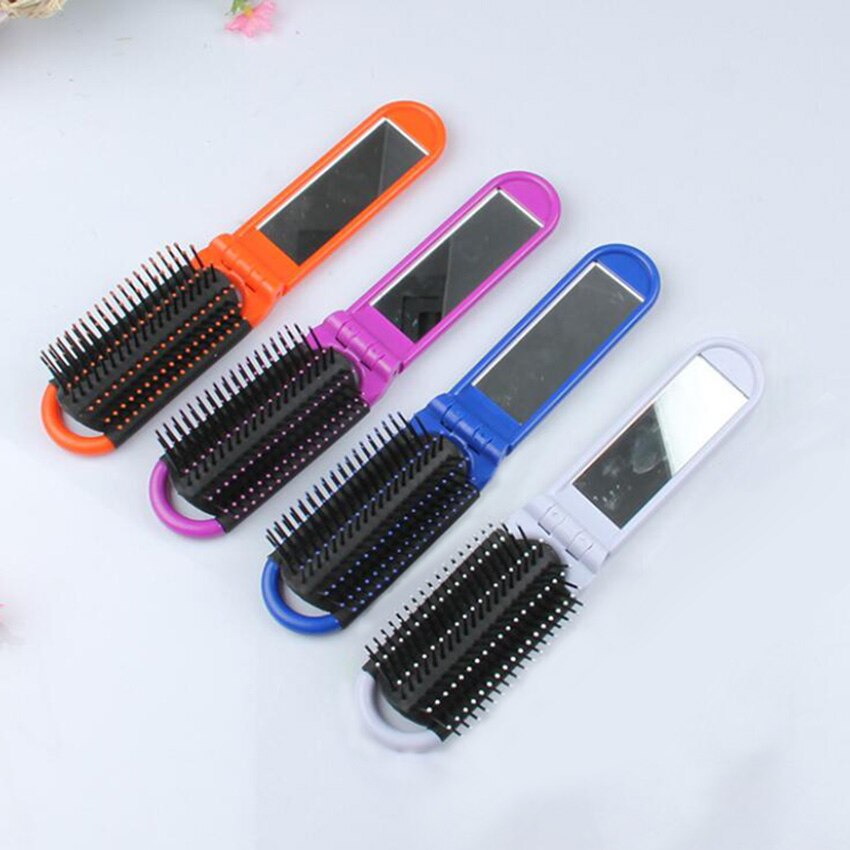 Cepillo plegable para el pelo portátil de viaje con espejo, peine de bolsillo de peluquería, tamaño de bolsillo, monedero, peines de pelo de viaje