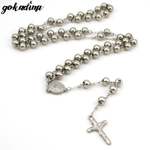 Gokadima 8mm, jul religiøse smykker katolsk, rustfrit stål halskæde kors til mænd perler rosenkrans halskæde wrn 03: Sølvfarvet
