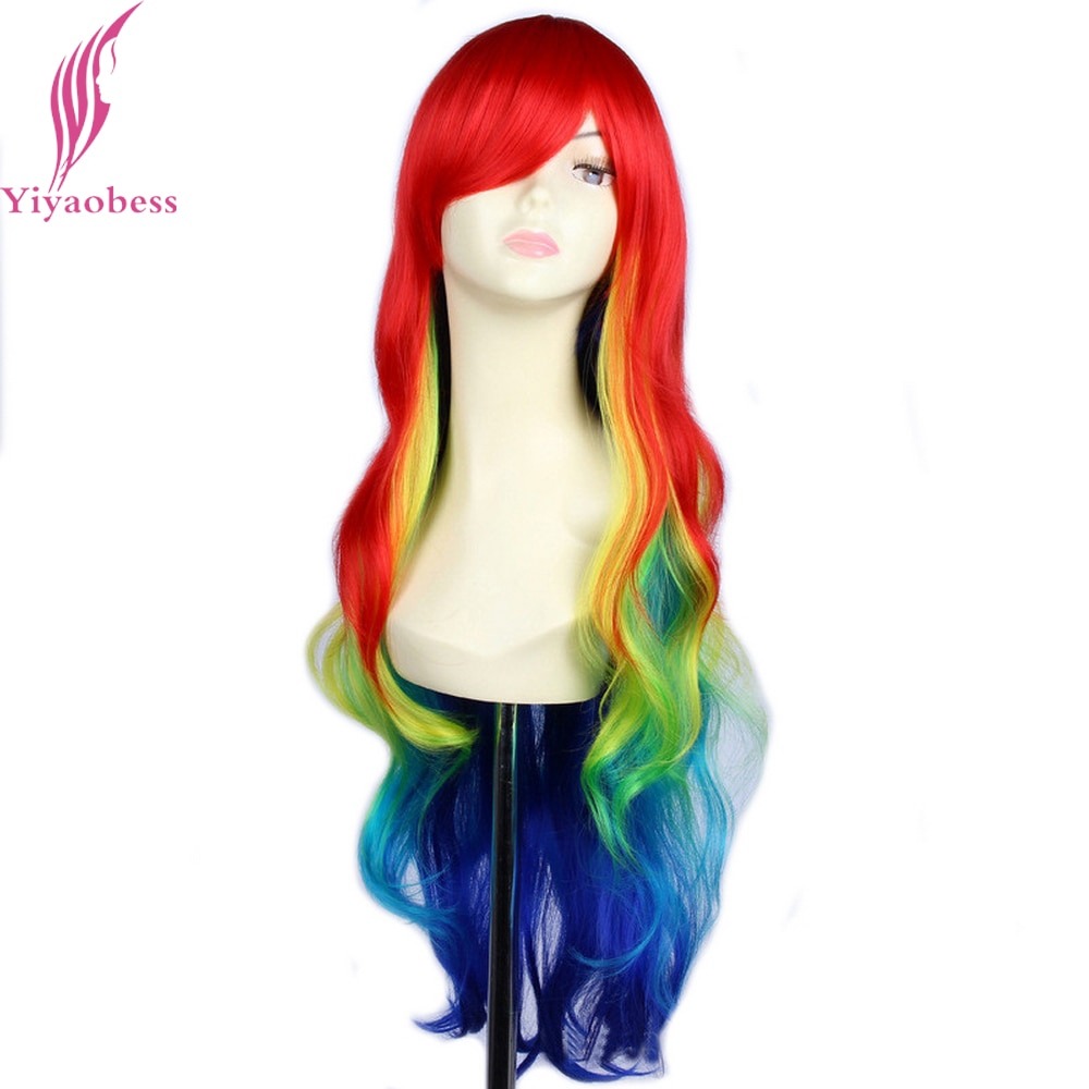 Yiyaobess 32 inch Synthetische Harajuku Multi Kleur Rainbow Ombre Pruik Cosplay Haar Lange Golvende Pruiken Voor Vrouwen