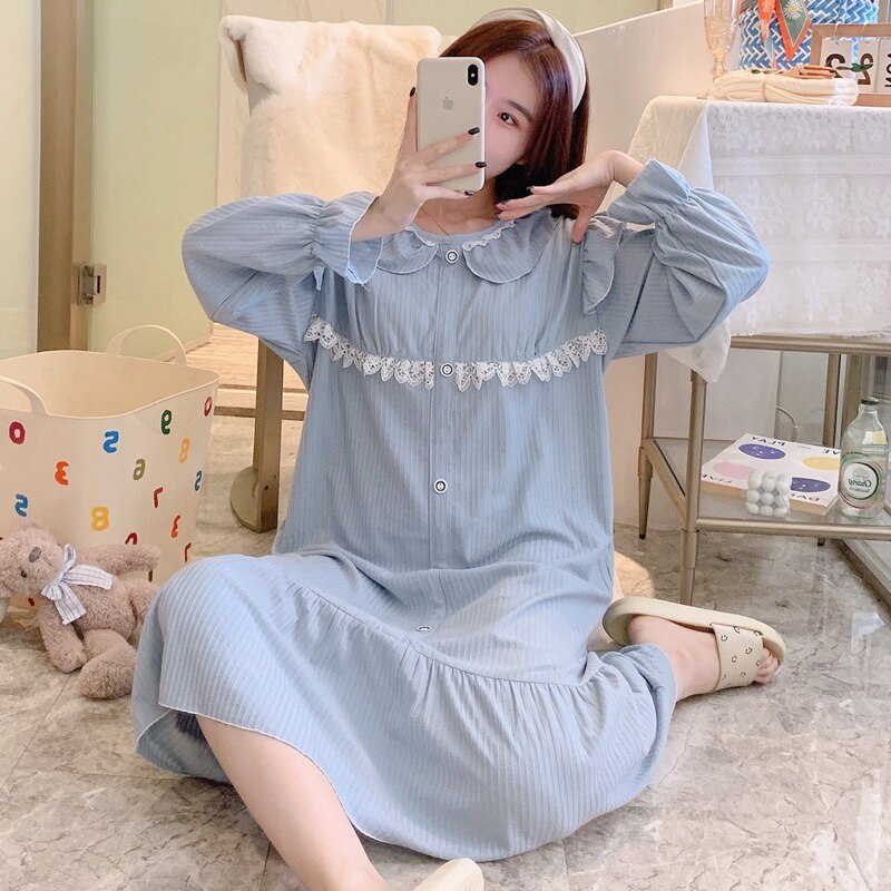 2022 Lente Lange Mouwen Katoenen Losse Lange Jurk Nightgowns Voor Vrouwen Koreaanse Nachtkleding Homewear Nachtjapon Nachthemd Thuis Nachtjapon