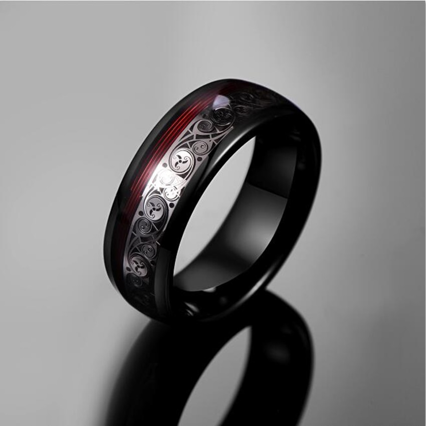 Wolfraam Stalen Ring Plating Zwart Inlay Triple Spiraal Patroon + Rode Gitaar String Tungsten Carbide Ring Trouwringen
