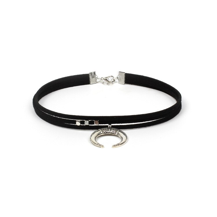 Colar da lua do punk para as mulheres vintage espanhol chifre de touro crescente chocker moda 3 camadas de veludo preto gargantilha colar: Default Title