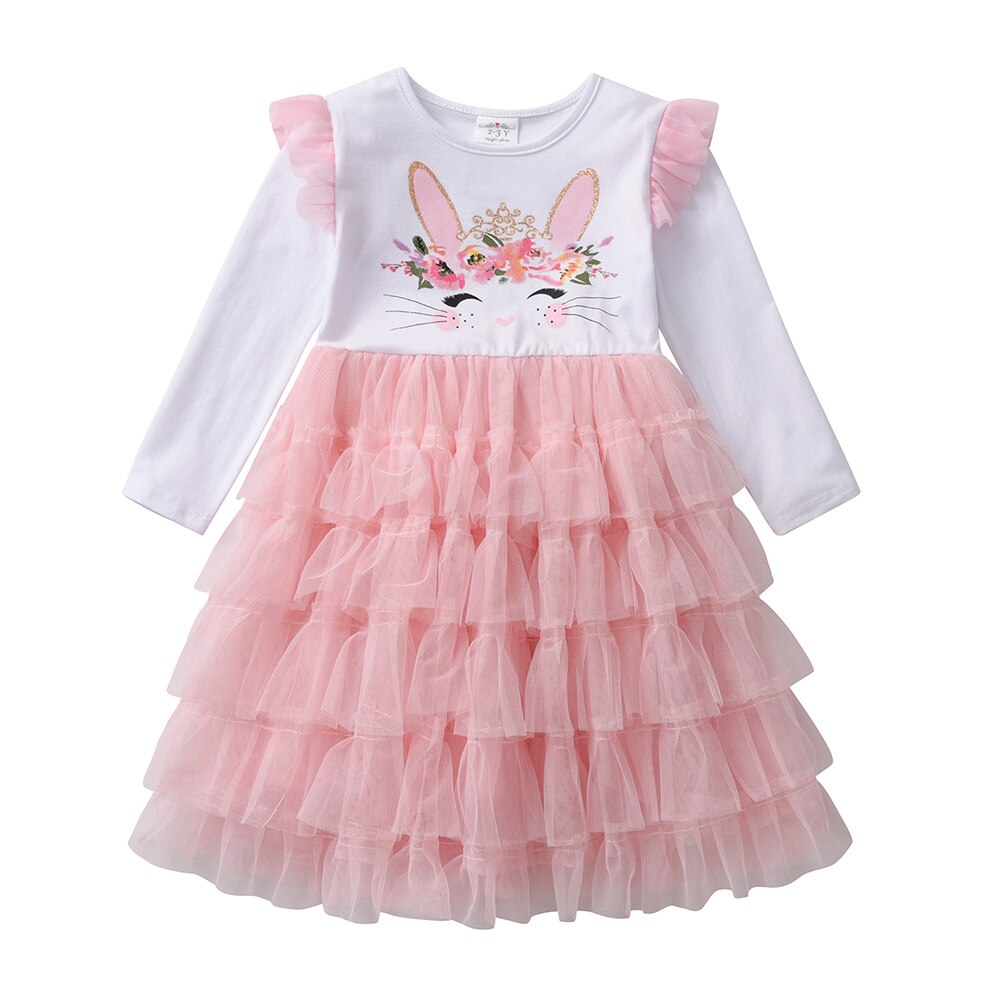 VIKITA Kind Mädchen Kleid Frühling Herbst langarm Vestidos freundlicher Prinzessin Kleid Mädchen Kaninchen Druck Karikatur Ballettröckchen Gittergewebe Kleider: LH4970 / 5