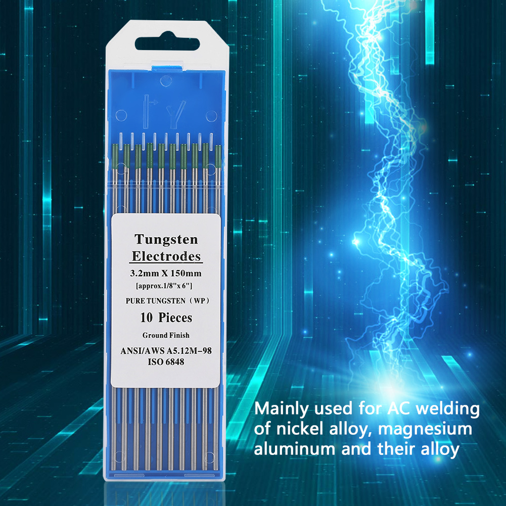 10 Uds de tungsteno puro electrodos WP punta verde/1,0/1,6/2,0/2,4/3,2mm * 175/150mm AC de soldadura Tig herramienta de