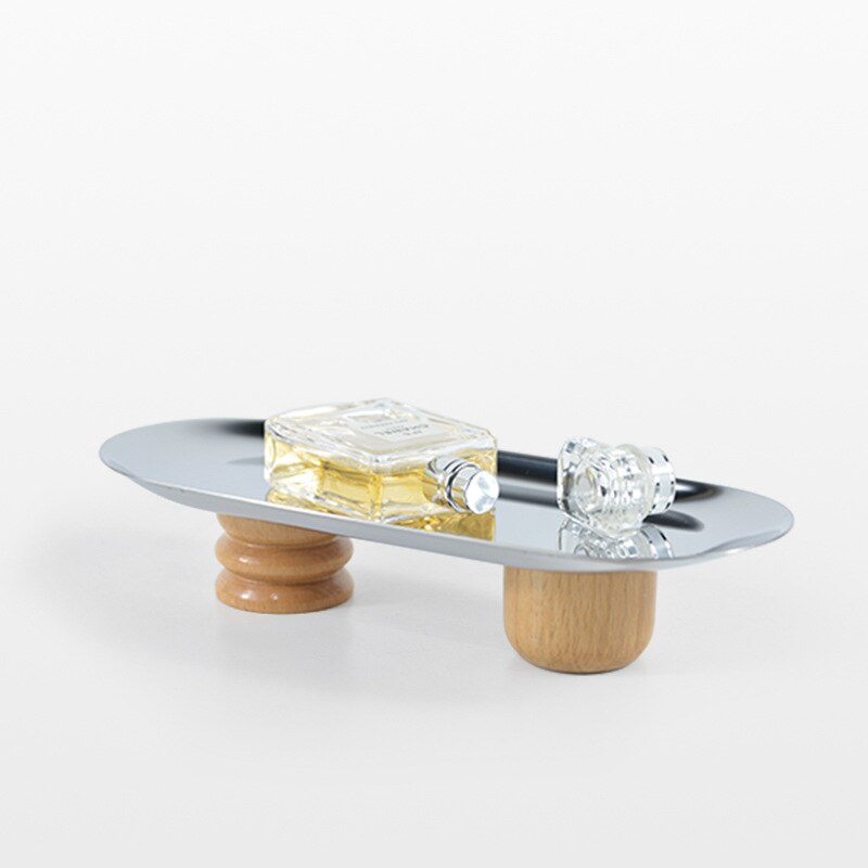 Bandeja de almacenamiento de hierro, soporte de exhibición de placa decorativa de pies altos de madera, bandejas decorativas de joyería, sala de estar, cocina, almacenamiento