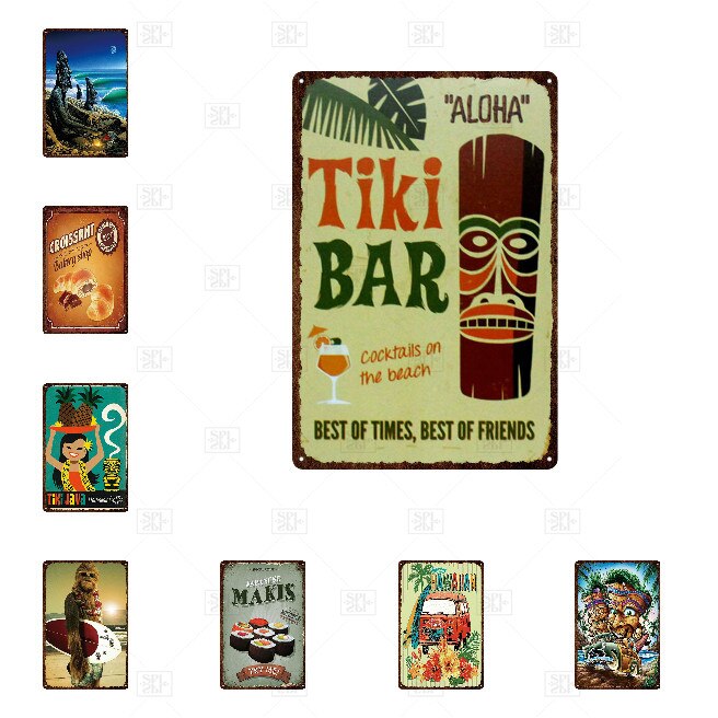 Tiki Bar Wall Decor Metal Sign Plaque Metal Summer Tiki Sign Metal Plate for Tiki Bar Beach Bar Decorative Iron Painting