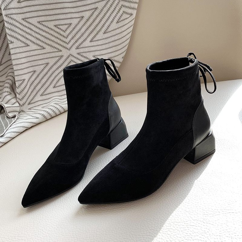 Vinterskor dam ankelboots stretch sammetsskor snörning spetsad tå superstar europeiska ankelboots botas mujer: Svart / 3