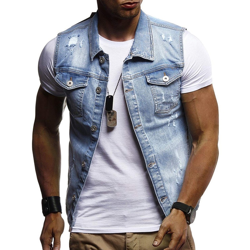 Helisopus automne et hiver manteau en Denim pour hommes classique trou de lavage gilet hommes décontracté sans manches col rabattu gilet