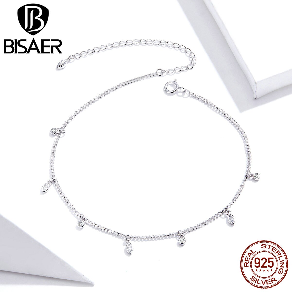 Tobilleras BISAER, tobilleras de Plata de Ley 925 con borla Simple, cadena de circón brillante, tobilleras para mujer, para pierna eslabones de cadena, joyería fina