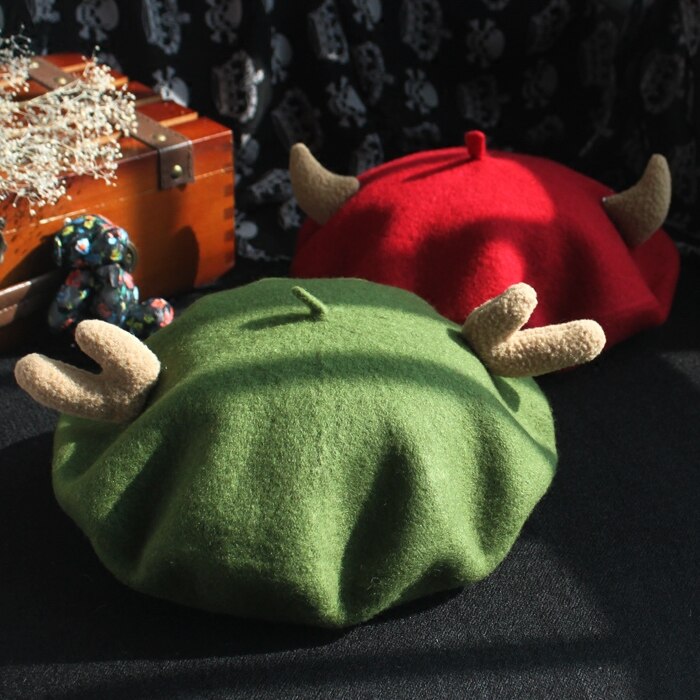 Japanse afdeling complex gubei lei hoed dames herfst en winter zuiver wol mooie gewei kersthoed schildershoed knop baret