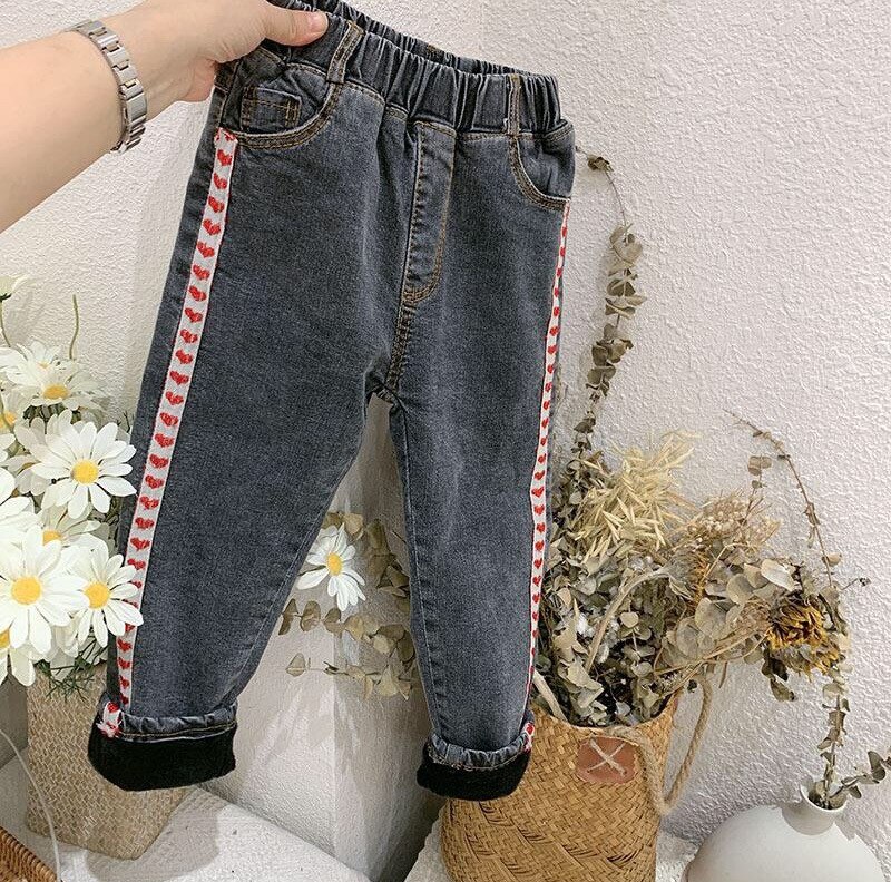 3-7 años de invierno Niña gruesa cálida pantalones vaqueros de lana pantalones de mezclilla para bebés niños pantalones de dos colores: Black / 6