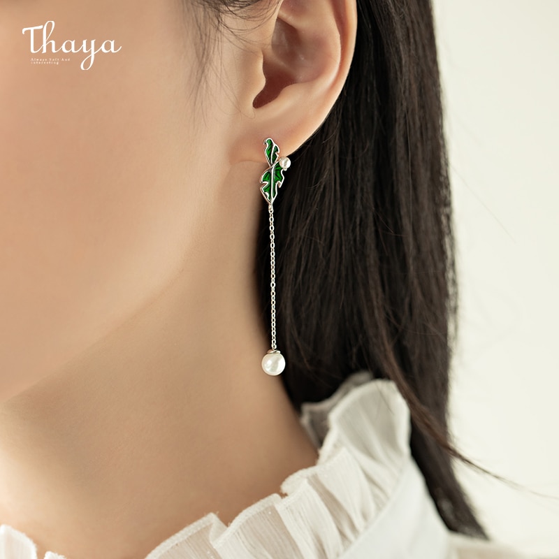 Thaya 100% Authentieke S925 Sterling Zilver Groen Blad Dangle Parel Charms Zomer Voor Vrouwen Mode Fijne Sieraden