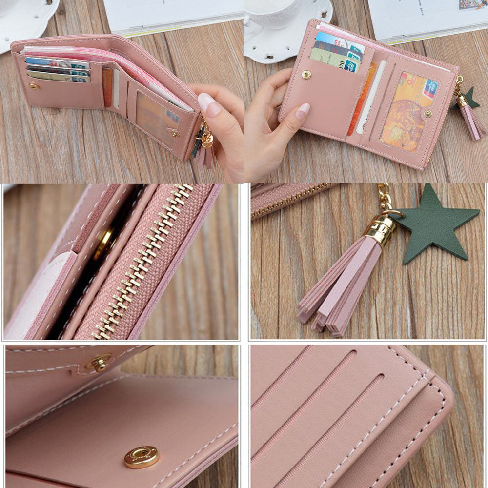 Kvinders kort pung pu læder kontrast kvast lynlås sød kanin mini clutch