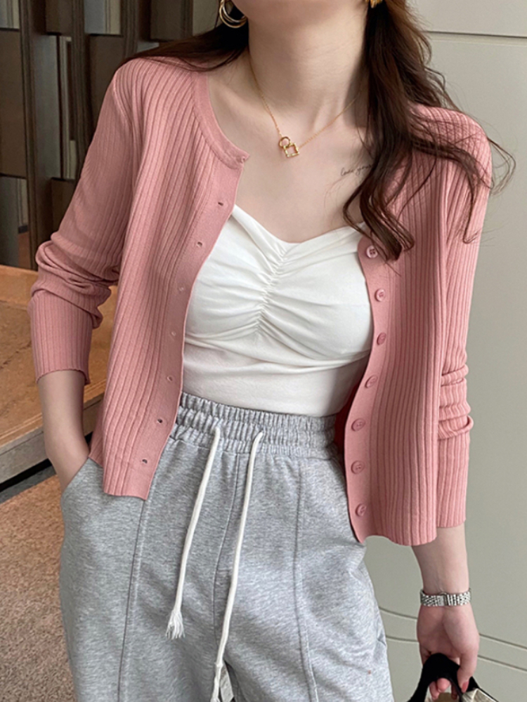 Sommarkofta koreansk stickad långärmad damtröja smala damer casual toppar: Rosa