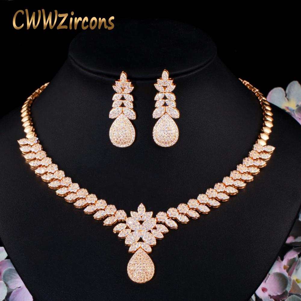 CWWZircons Brilliant Brazillian Cubic Zirconia Leaf Flower Indian Gold Color Wedding Brides Necklace Earring Jewelry Set T493