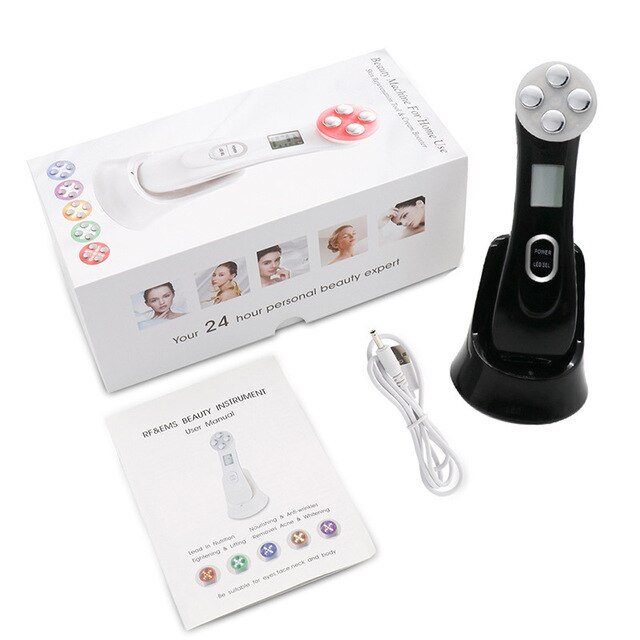 Electroporation Radio Frequency Facial LED Photon Skin Rejuvenation Face Lift Tighten Beauty Machine Face Skin EMS Mesotherapy: Black with box