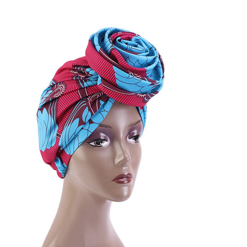Bonnet Women African Floral Print Ankara Bonnet Hat Ladies Turban Big Flower Cap Head Scarf Beanies Wrap Indian: 05 Rose Red Blue