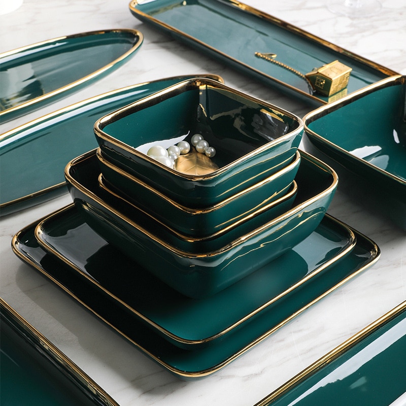 Square Tableware Green Ceramic Dinner Plate Gold Porcelain Dessert Steak Snack Cake Plate Salad Soup Rice Bowl