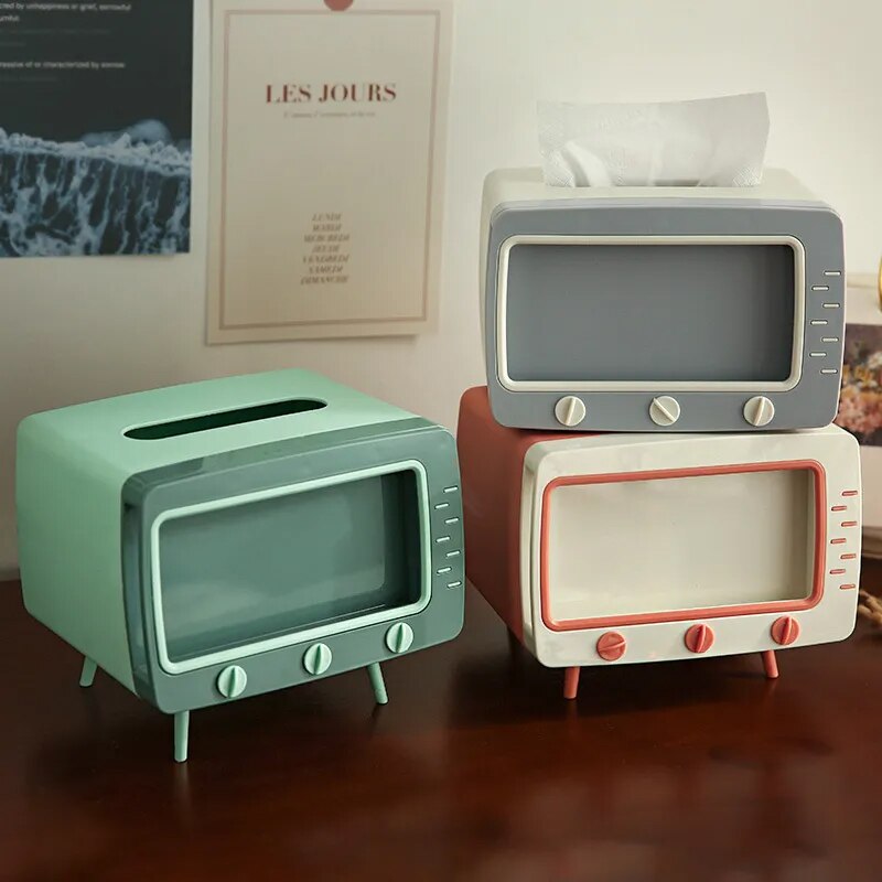 Retro TV Tissue Box Desktop Phone Holder Multifunctional Household Living Room Paper Pumping Sleeve Lazy Mobile Phone