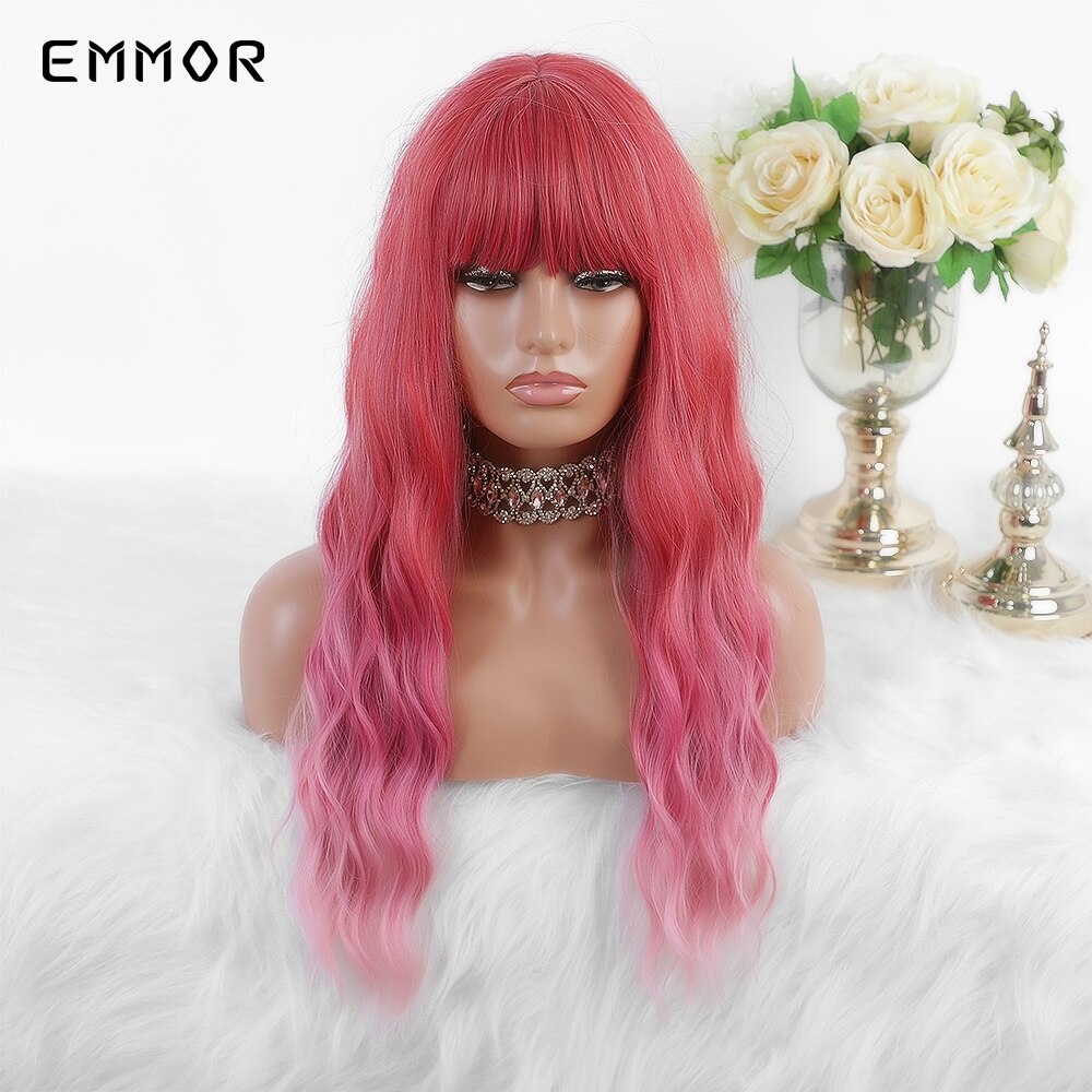 Emmor lange roze ombre watergolf synthetische haarpruiken met pony, hoge temperatuur vezel, kleurrijke cosplaypruik voor coole meiden