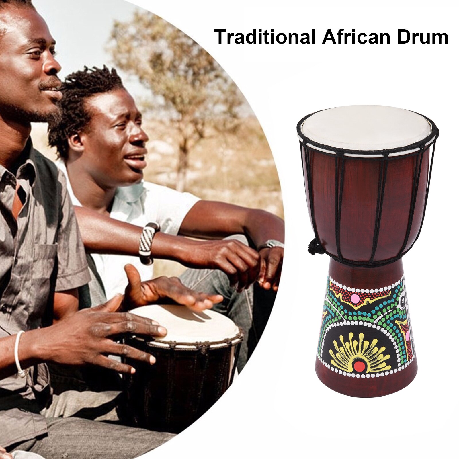 Muslady 6 Inch Djembe African Hand Drum Wooden African Drum With Goatskin Surface Hand-painted Colorful Patter for Beginners